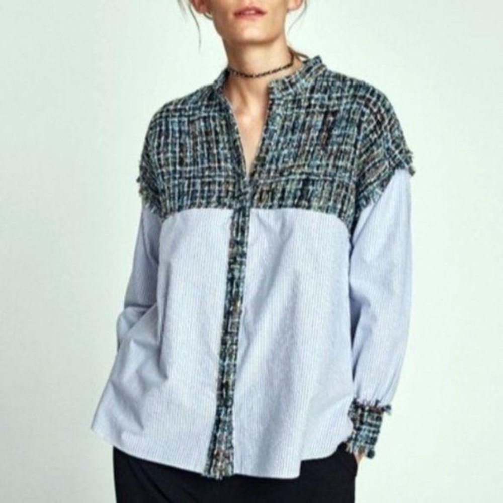 Zara Basic Tweed Shoulder Striped Button Up Shirt